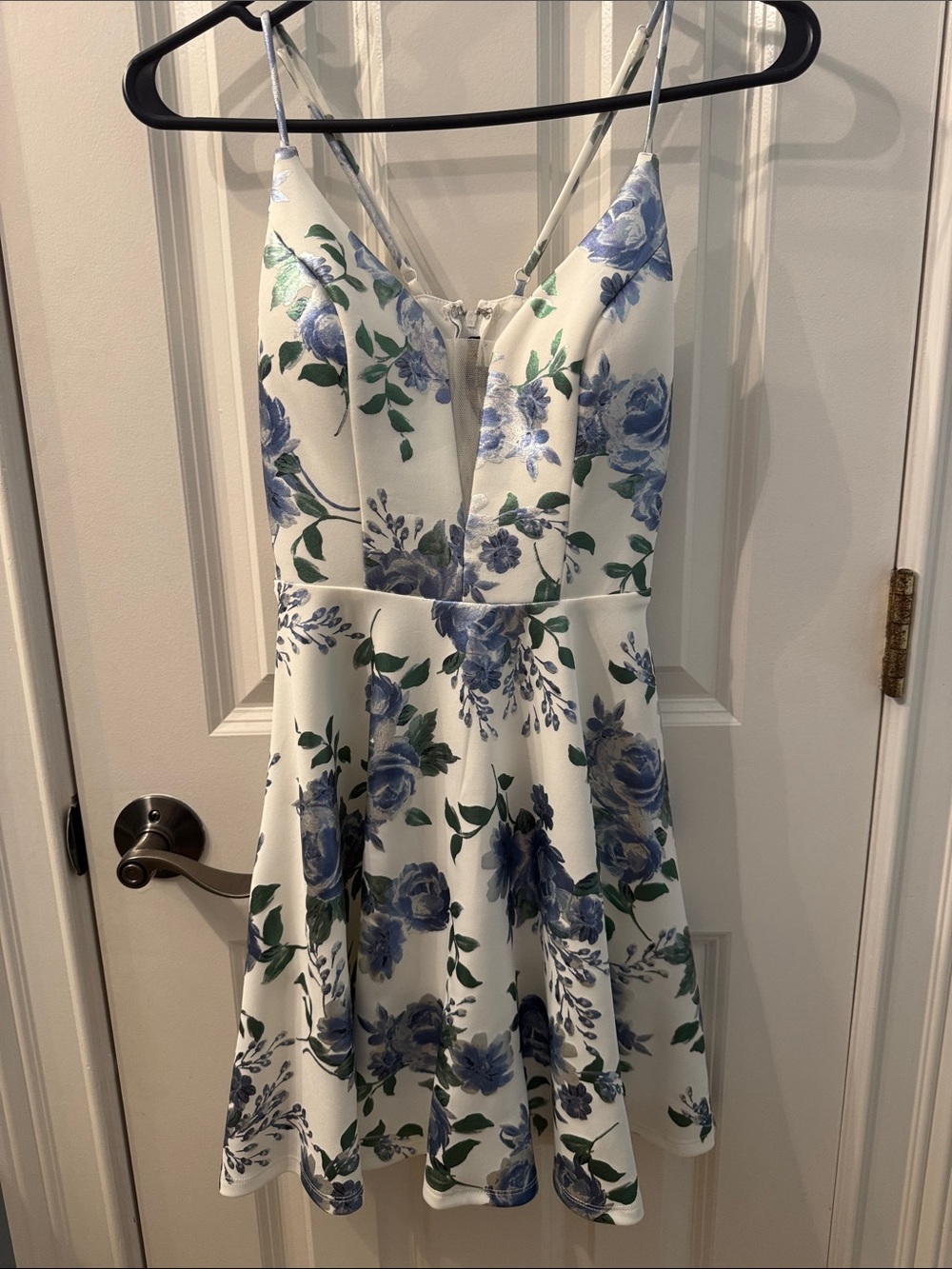 White Floral V-Neck A-Line Dress with Blue Roses